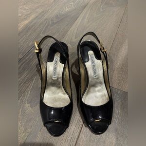 Luciano Padovan Black Patent Peep-Toe Slingbacks with Gold Mirror Heel